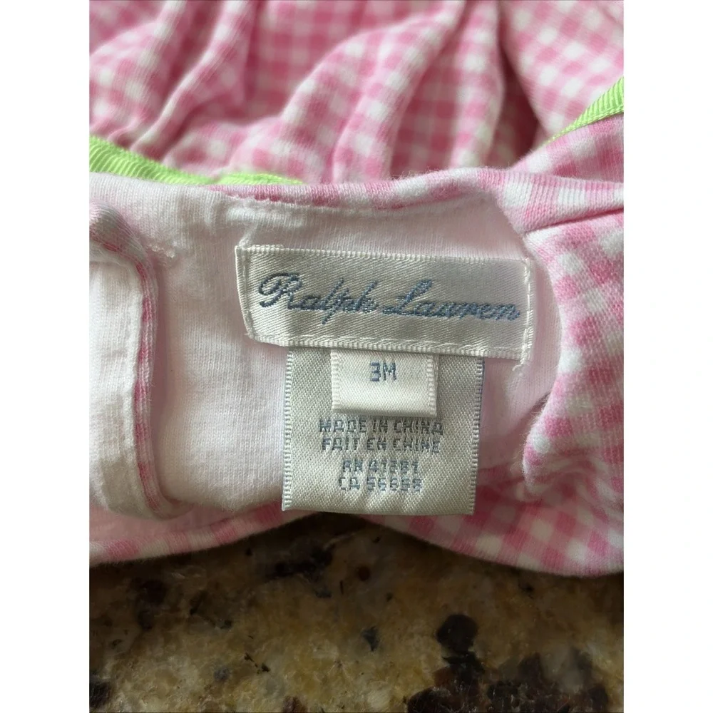 Ralph Lauren Pink White Gingham Check Preppy Bow Bodysuit Romper Baby Girl 3M